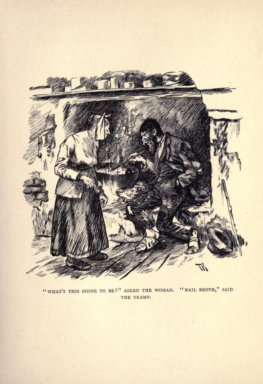 Woman watches man by fire, stirring pot